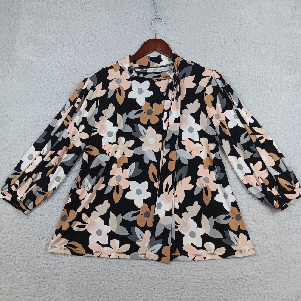 Cato Blouse Tie Neck Womens L Black Floral Long Sleeve Stretch RN37080